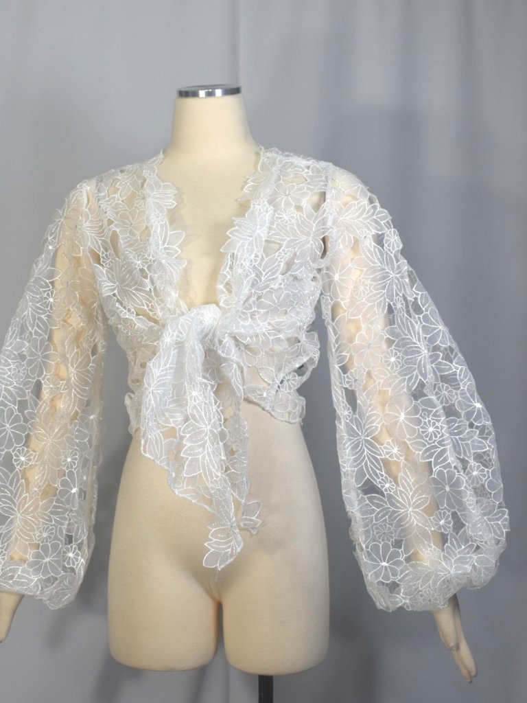 Lirika Matoshi White Floral Embroidered Organza Tie Front Blouse Top S — image 2 of 8